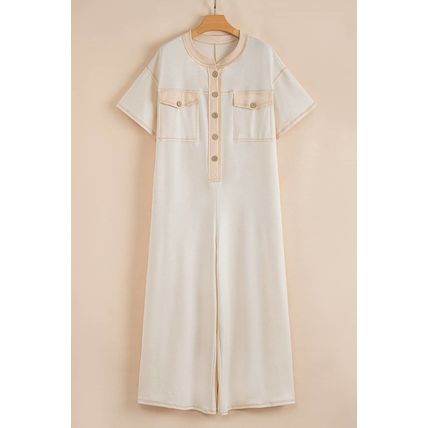 Beige Half Placket Chest Pockets Short Sleeve Wide Leg Jumpsuit