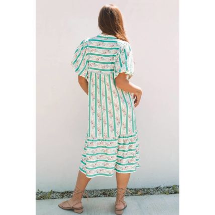 Multicolour Striped Floral Print Tie Split Neck Puff Sleeve Midi Dress