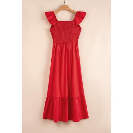 Fiery Red V Neck Flutter Sleeve Smocked Bodice High Waist Ruffle Maxi Dress