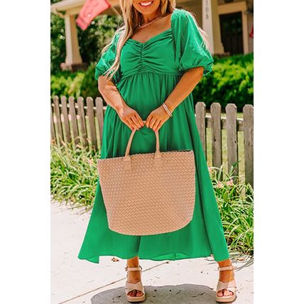 Bright Green Ruched Front Puff Sleeve Plus Size Long Dress