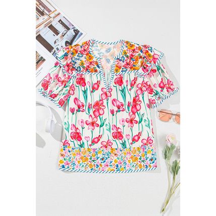 Pink Floral Print Striped Detail Split Neck Short Sleeve Blouse
