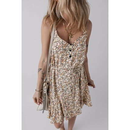 Khaki Boho Floral Printed Tie Waist Flared Sundress