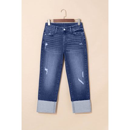 Real Teal Folded Cuffs Distressed Straight High Waist Jeans