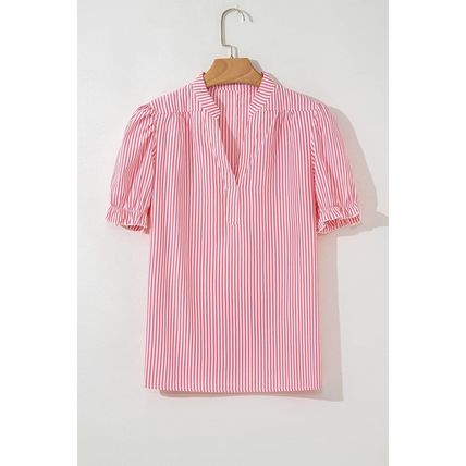 Pink Stripe Notched Neck Frilled Short Puff Sleeve Blouse