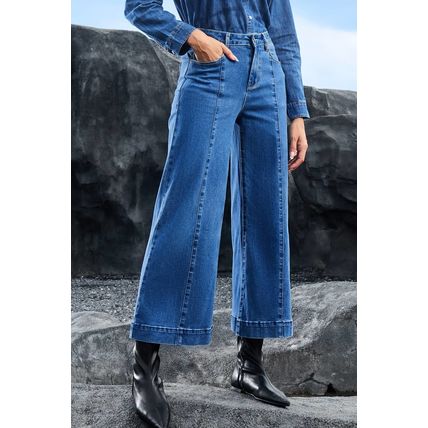 Dark Blue Plain Seam Detail Flared Bottom Ankle Length Jeans
