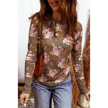 Brown Floral Print Waffle Textured Long Sleeve Top