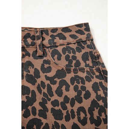 Brown Leopard Denim Frayed Split Denim Midi Skirt