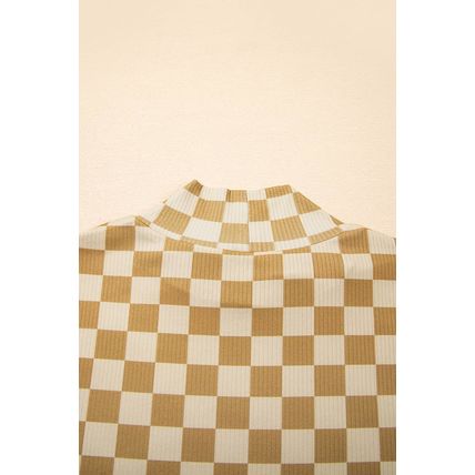 Khaki Check Pattern Turtleneck Ribbed Slim Long Sleeve Tee