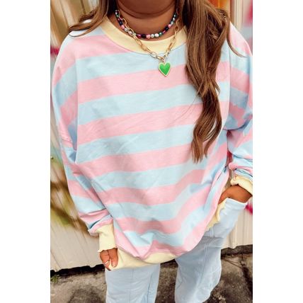 Sky Blue Stripe Drop Shoulder Crewneck Plus Size Sweatshirt