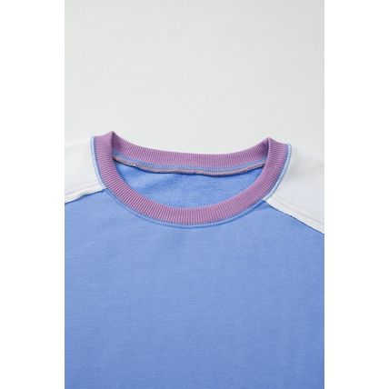 Blue Exposed Seam Colorblock Patchwork Ribbed Trim Pullover Sweatshirt