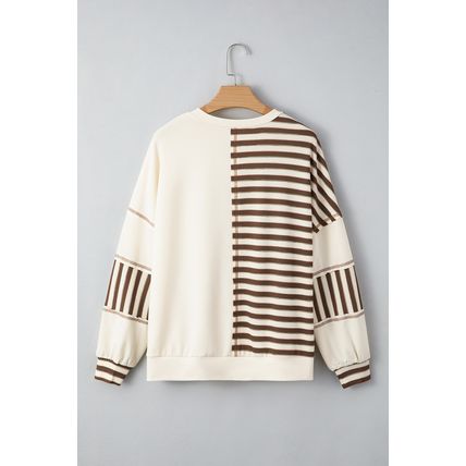 Khaki Stripe Stitched Detail Color Block Patchwork Oversized Pullover Top