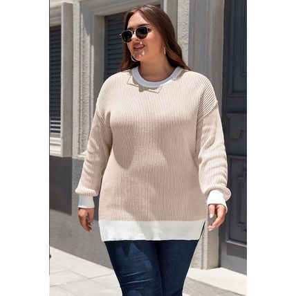 Brown Stripe Plus Size Contrast Trim Crew Neck Rib Knit Drop Shoulder Sweater