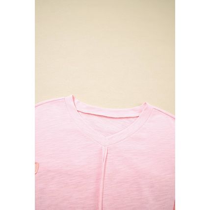 Pink Flower Patched Exposed Seam Bracelet Sleeve Oversized T Shirt