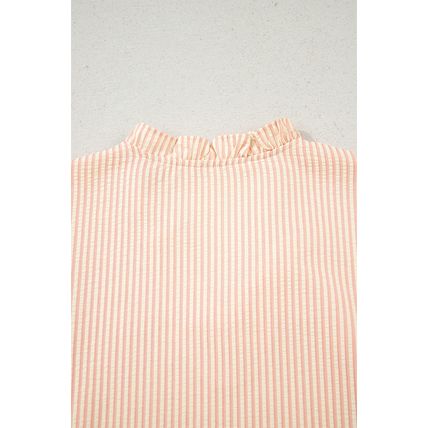 Pink Stripe Bow Knot Cuff Pearl Embellished Puff Sleeve V Neck Blouse