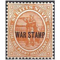 St Kitts Nevis 1918 SG23 1 1/2d Orange WAR STAMP Mounted Mint ..
