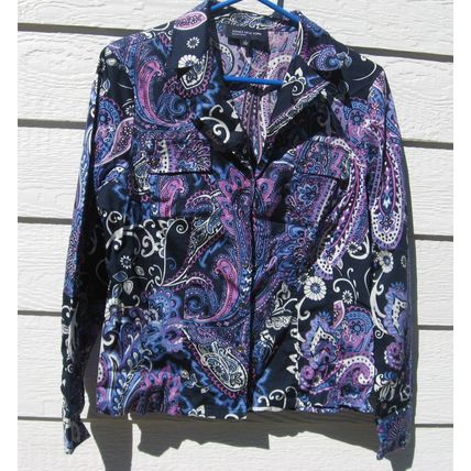 Womens Jones New York Shirt L Large Blue Paisley Flowers Blouse Top