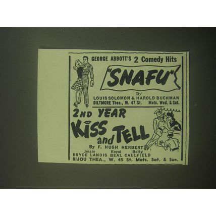 1945 Snafu and Kiss and Tell Plays Advertisement - George Abbott's 2 Comedy Hits