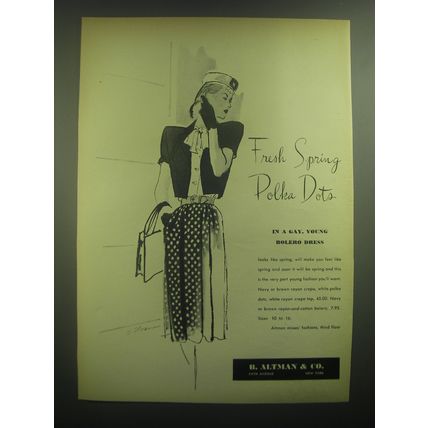 1945 B. Altman & Co. Fashion Ad - art by E. Sloane - Fresh Spring Polka