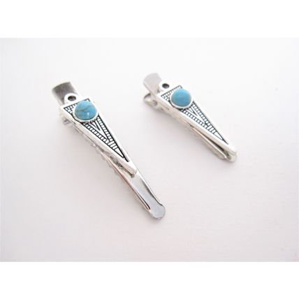 Small blue stone silver metal alligator hair claw clip clamp for fine thin hair