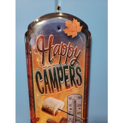 "Happy Campers Live Here" - Retro Large Metal Thermometer - Indoor/Outdoor