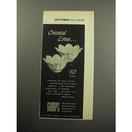 1957 Gump's Bowls Advertisement - Oriental Lotus
