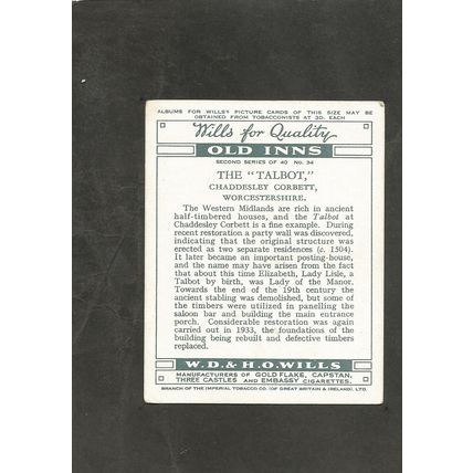 Cigarette Card Wills Old Inns 2nd 1939 The Talbot Chaddesley Corbett #34
