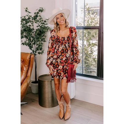 Multicolour Smocked High Waist Long Sleeve Floral Dress