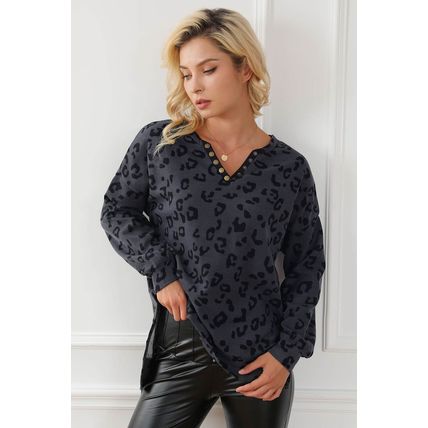 Gray Leopard Print Button Split Neck Waffle Sweatshirt