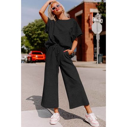 Black Textured Loose Fit T Shirt and Drawstring Pants Set