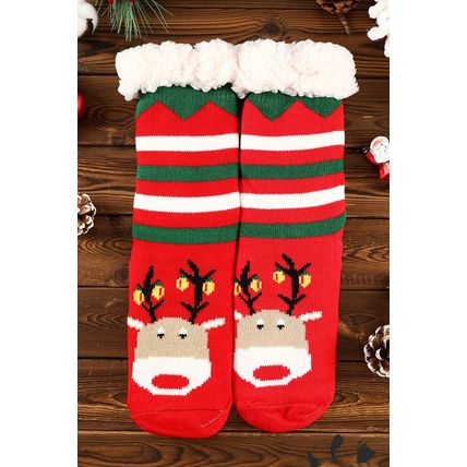 Fiery Red Christmas Cartoon Pattern Woolen Knit Socks