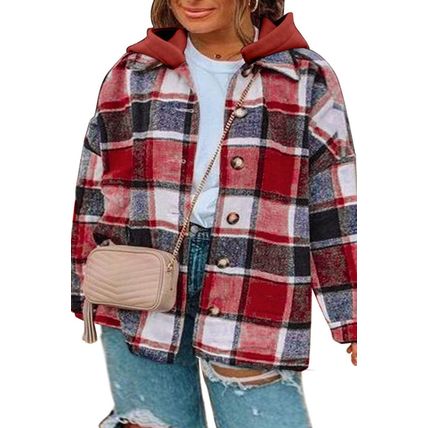 Red Printed Plus Size Plaid Button up Hooded Jacket