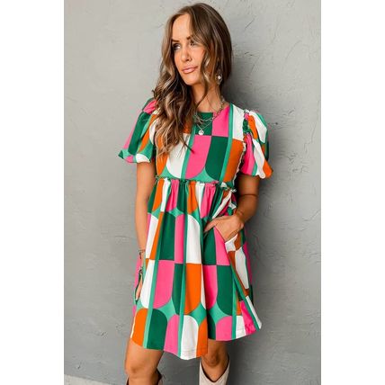 Green Abstract Print Puff Sleeve Short Dress