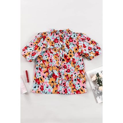 White Frilled High Neck Buttons Back Floral Blouse