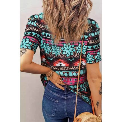 Green Western Print Bleached V Neck Short Sleeve Top