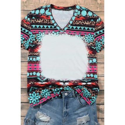 Green Western Print Bleached V Neck Short Sleeve Top