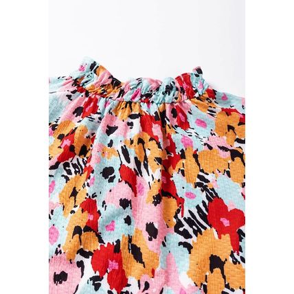 White Frilled High Neck Buttons Back Floral Blouse
