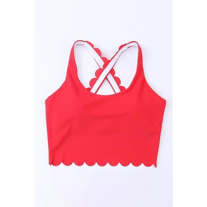 Fiery Red Scalloped Crossed Straps Cropped Bikini Top