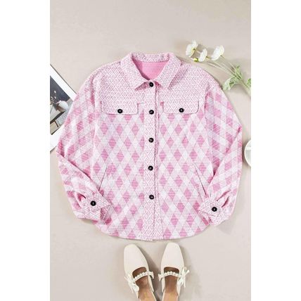 Delicacy Geometric Print Textured Flap Detail Shacket with Pocket