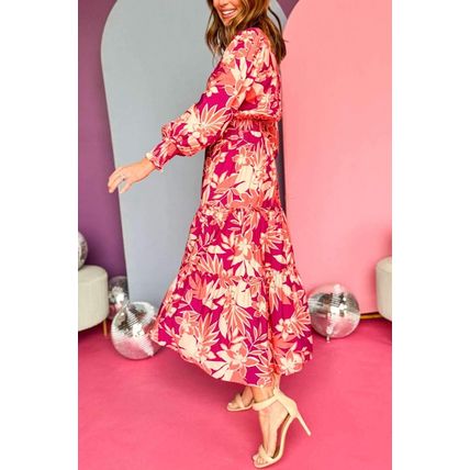Rose Floral Print Buttoned Smocked High Waist Maxi Dress