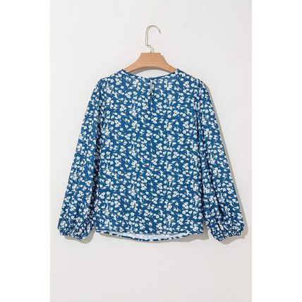 Blue Ditsy Floral Print Lantern Sleeve Blouse