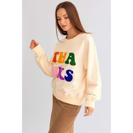 Apricot THANKS Chenille Embroidered Drop Shoulder Graphic Sweatshirt