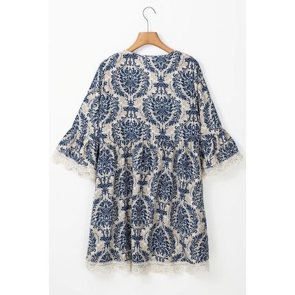 Sky Blue Vintage Printed Lace Trim V Neck 3/4 Sleeve Loose Dress