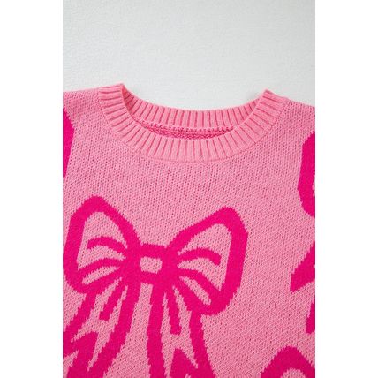 Pink Bow Pattern Drop Shoulder Loose Sweater