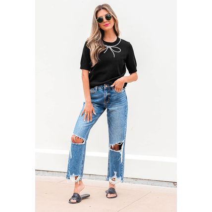 Black Pearl Bow Necklace Embellished Short Sleeve Knitted T Shirt
