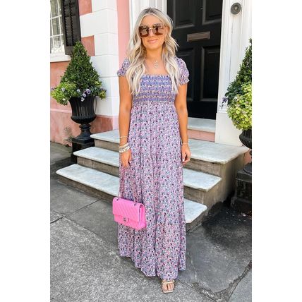 Purple Floral Short Bubble Sleeve Shirred High Waist Maxi Dress