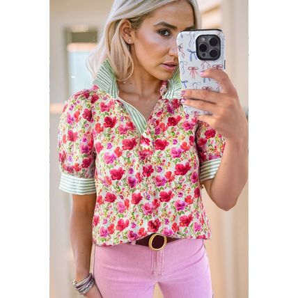 Red Floral Print Striped Patchwork Collared Short Sleeve Blouse