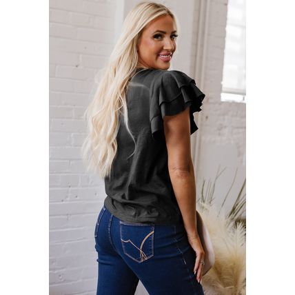 Black Layered Ruffle Short Sleeve Round Neck Top