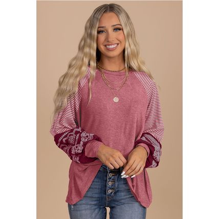 Mineral Red Contrast Print Striped Raglan Long Sleeve Loose Top