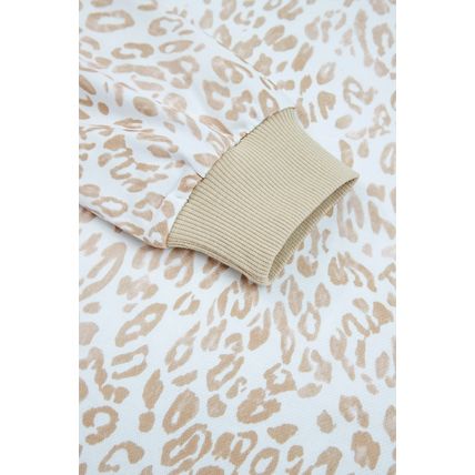 Khaki Leopard Ruffle Detail Ribbed Trim Round Neck Sweatshirt