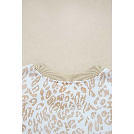 Khaki Leopard Ruffle Detail Ribbed Trim Round Neck Sweatshirt
